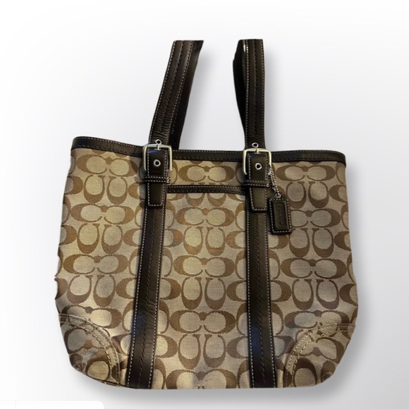 Coach Hampton Signature Medium Canvas Tote Brown  Leather Straps D0832 - Picture 1 of 8
